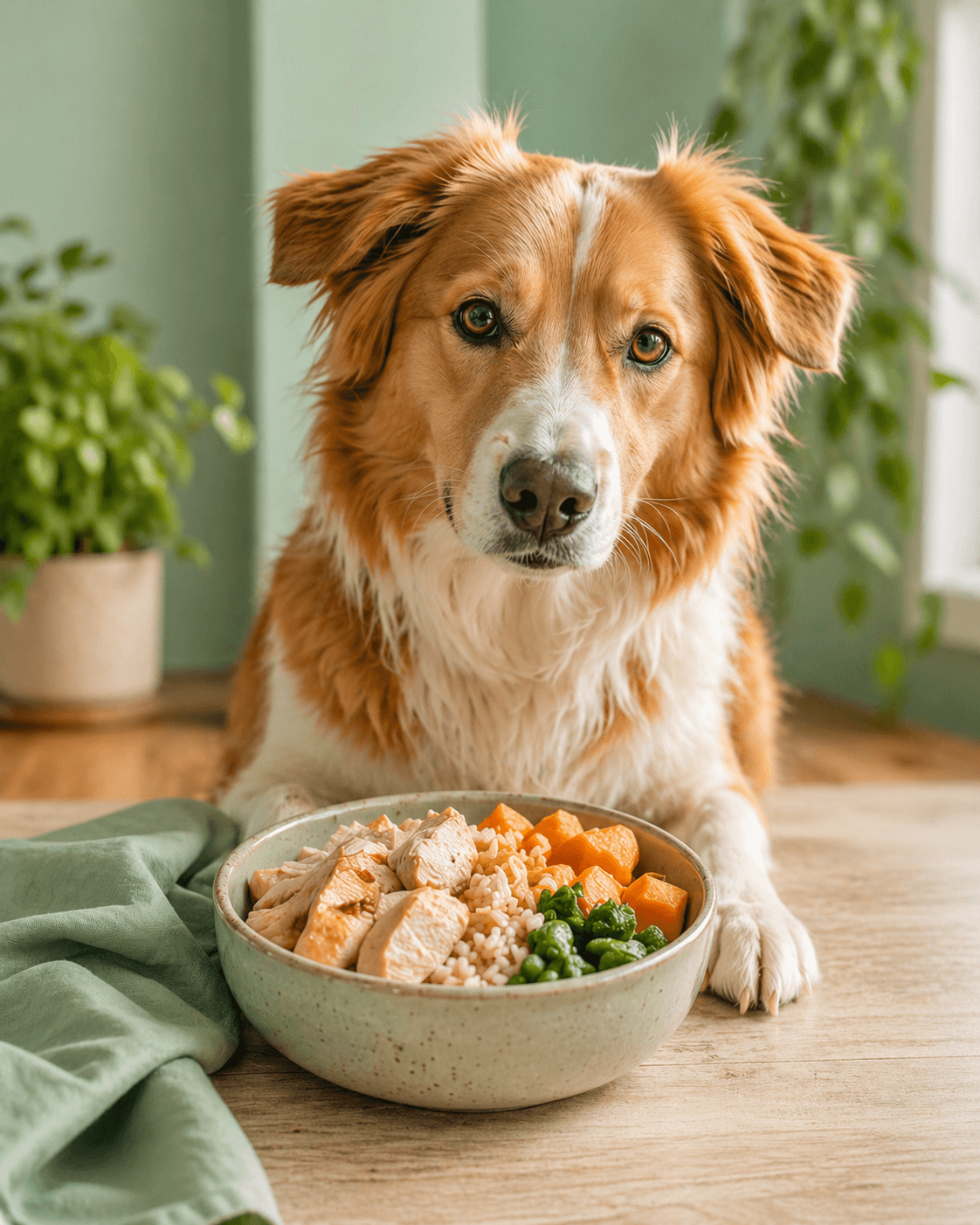 A dog beside a bowl of prepared food.